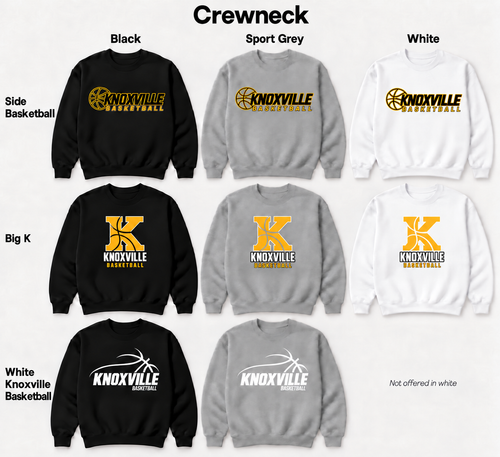 Knoxville Basketball crewneck design and color previews with updated Big K