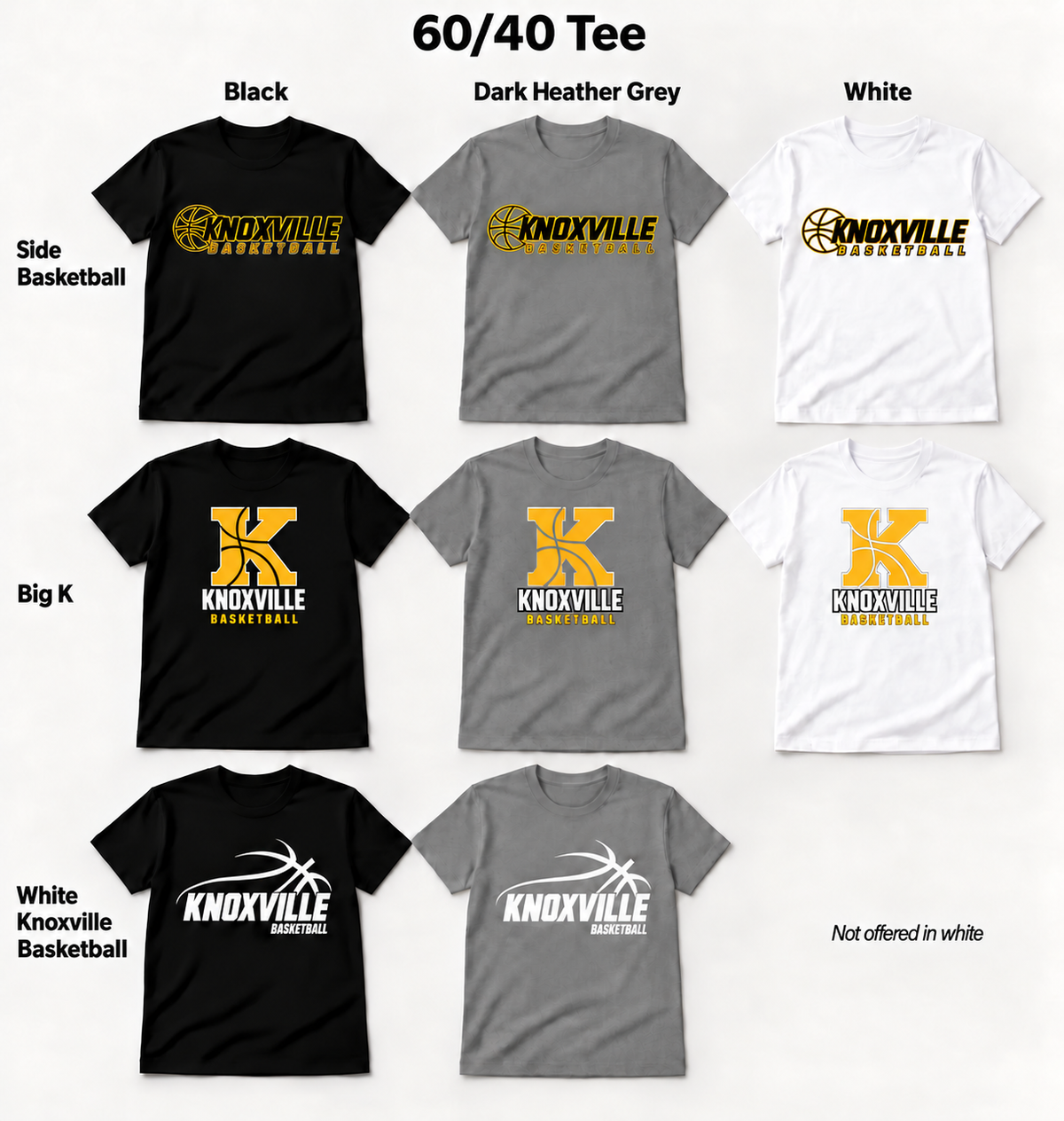 Knoxville Basketball tee design and color previews with updated Big K