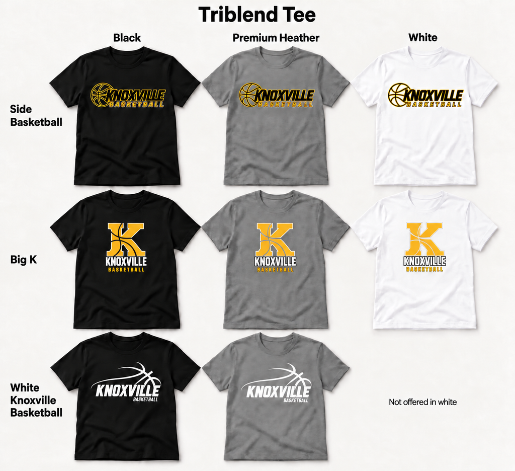 Knoxville Basketball triblend tee design and color previews with updated Big K