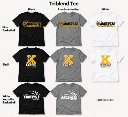 Knoxville Basketball triblend tee design and color previews with updated Big K