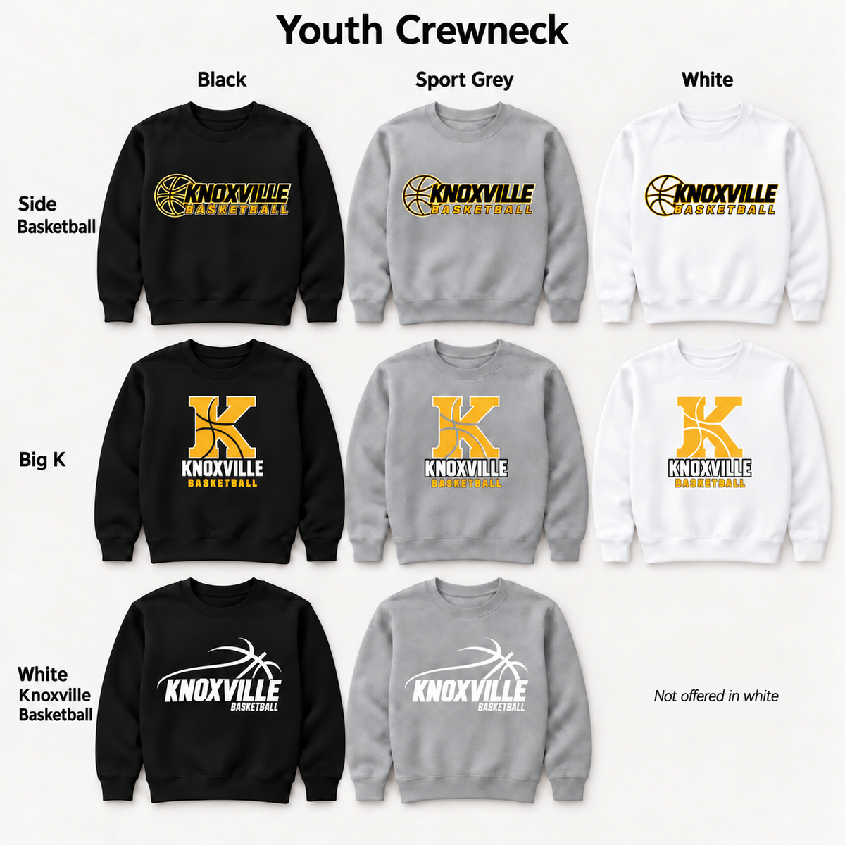 Knoxville Basketball youth crew design and color previews with updated Big K